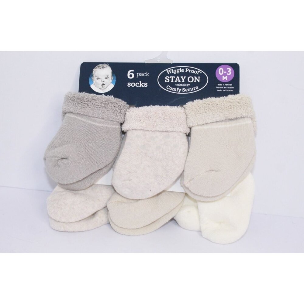 Gerber Wiggle Proof Stay On Infant Bootie Socks 0-3 Months Beige Gray 6‎ Pack